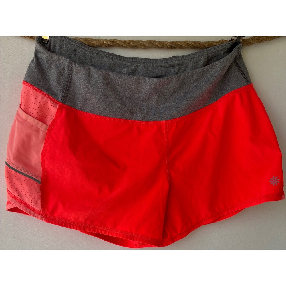 Athleta Women Red Coral Colorblock Running Shorts Gray Waistband Side Pocket S